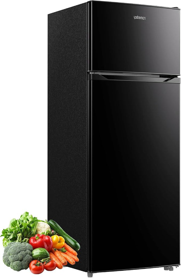 Upstreman 7.7 Cu.Ft. Refrigerator with Freezer Double Door Fridge | 5 Adjustable Thermostat, Large Capacity, Reversible Door Swing, Refrigerator for Apartment, Office, Dorm, Black（BD75）